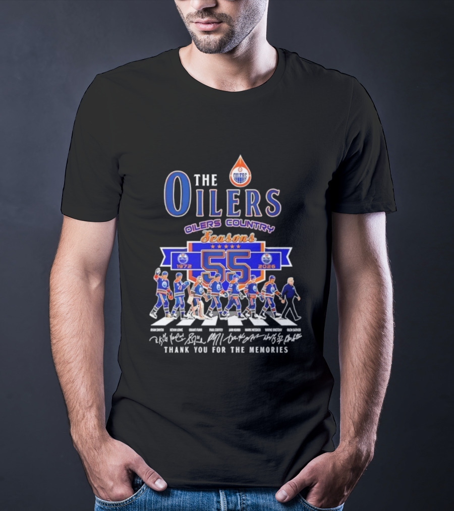 Edmonton Oilers Country 55 Seasons 1972-2026 Signatures Abbey Road Thank You T-Shirt