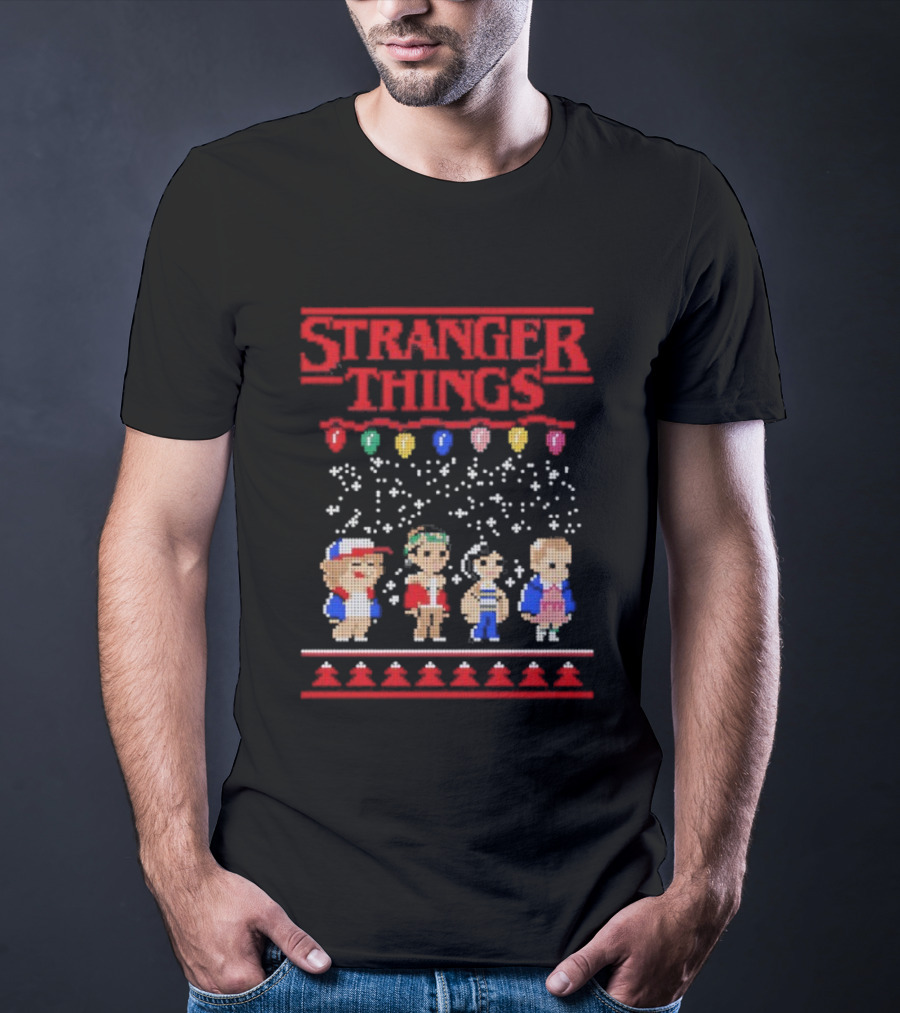 Stranger Things Christmas Characters Pixel Art Holiday Sweater Theme T-Shirt