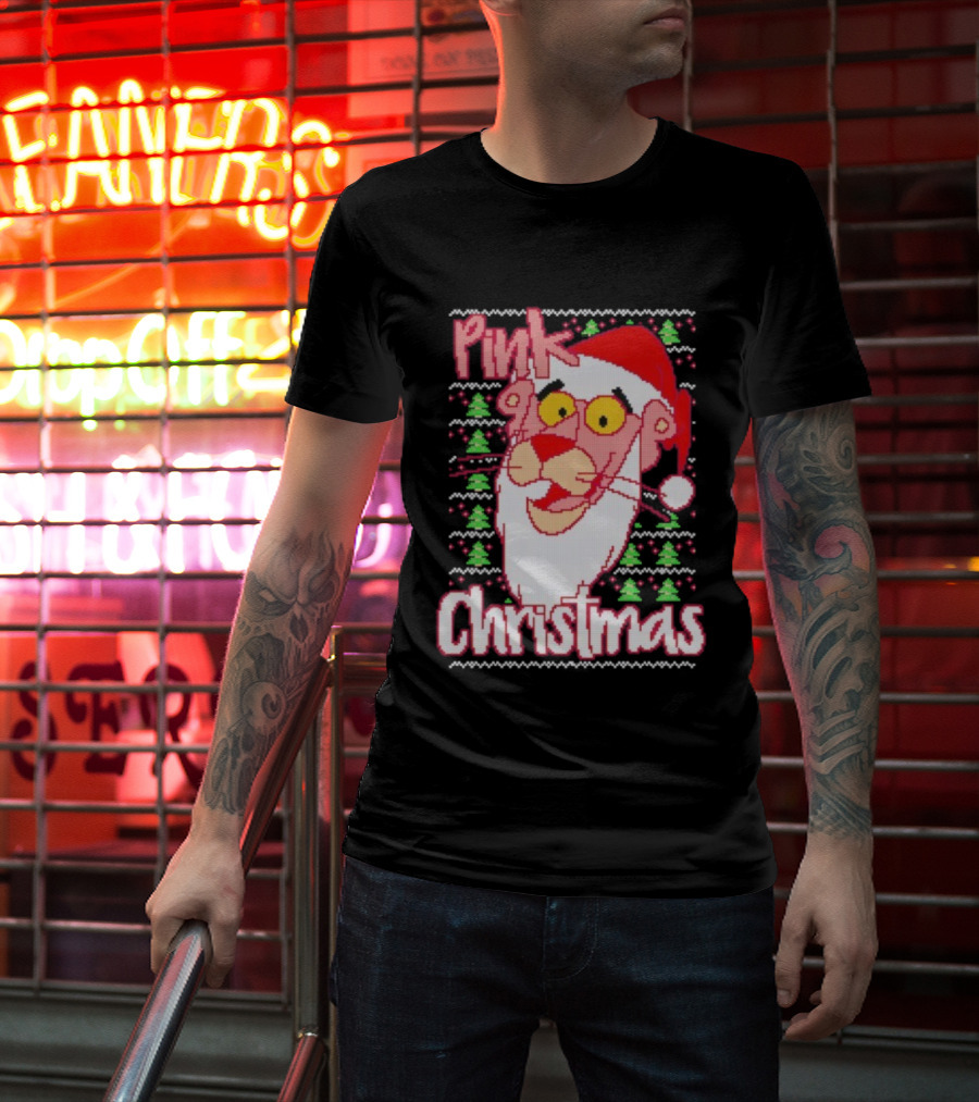 Pink Christmas Ugly Sweater Santa Hat Pink Panther T-Shirt