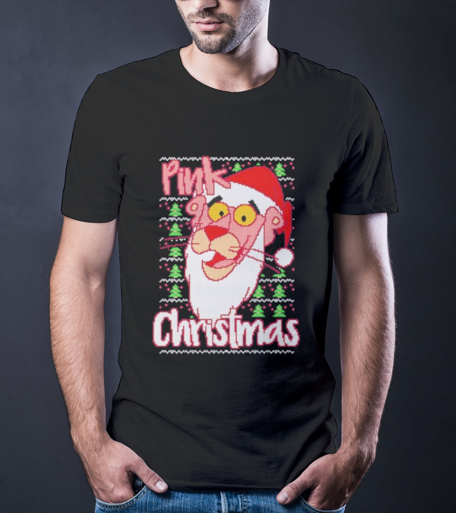 Pink Christmas Ugly Sweater Santa Hat Pink Panther T-Shirt