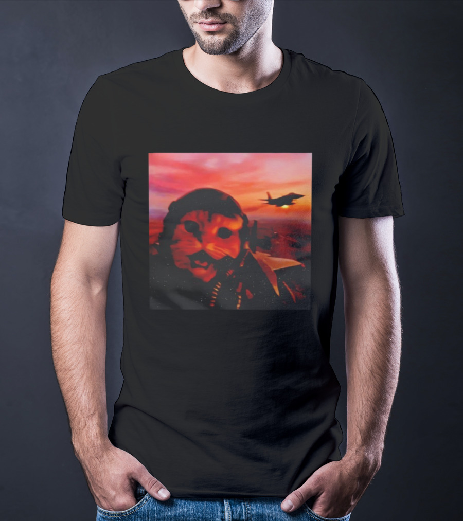 Funny Fighter Pilot Cat In Jet Helmet At Sunset With Jet Fighter T-Shirt
