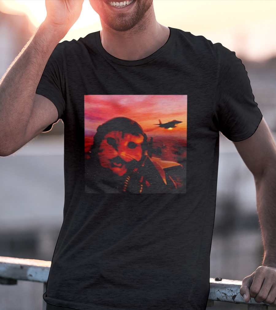 Funny Fighter Pilot Cat In Jet Helmet At Sunset With Jet Fighter T-Shirt