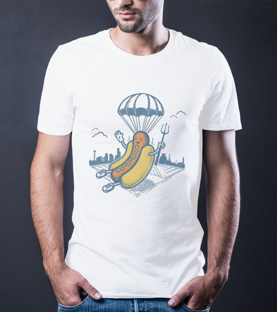 Seattle Baseball Hot Dogs From Heaven Parachuting Skyline T-Shirt