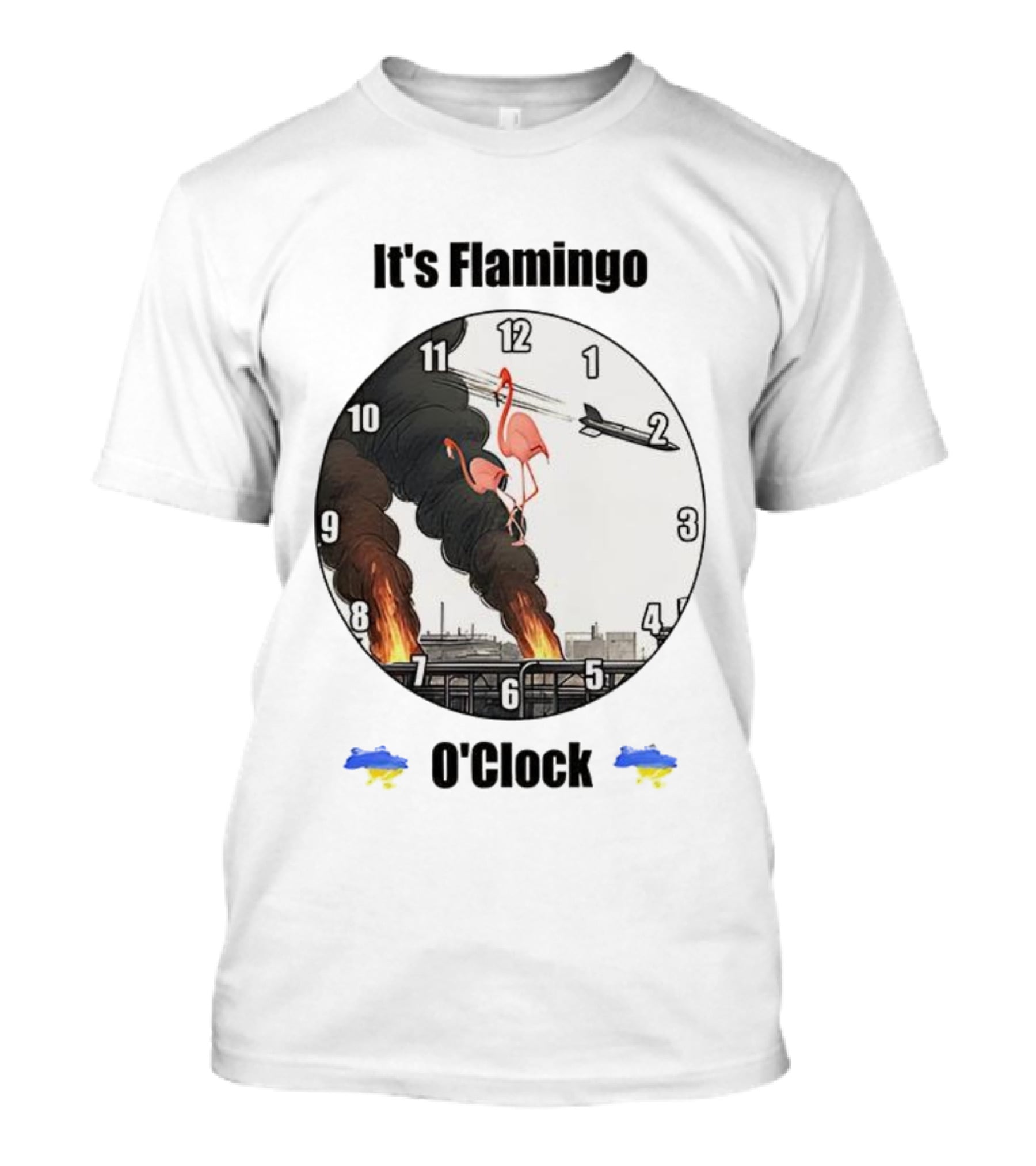 Flamingo O’clock Flamingos On Face With Plane And Fire Imagery T-Shirt