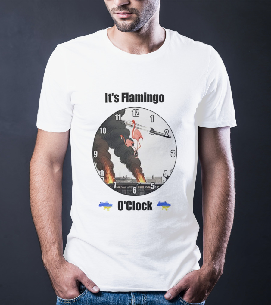 Flamingo O’clock Flamingos On Face With Plane And Fire Imagery T-Shirt