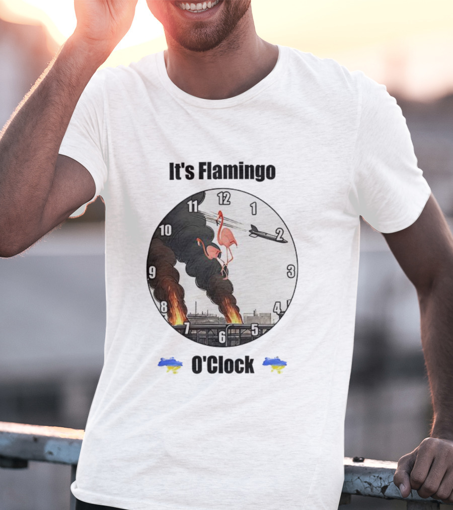 Flamingo O’clock Flamingos On Face With Plane And Fire Imagery T-Shirt