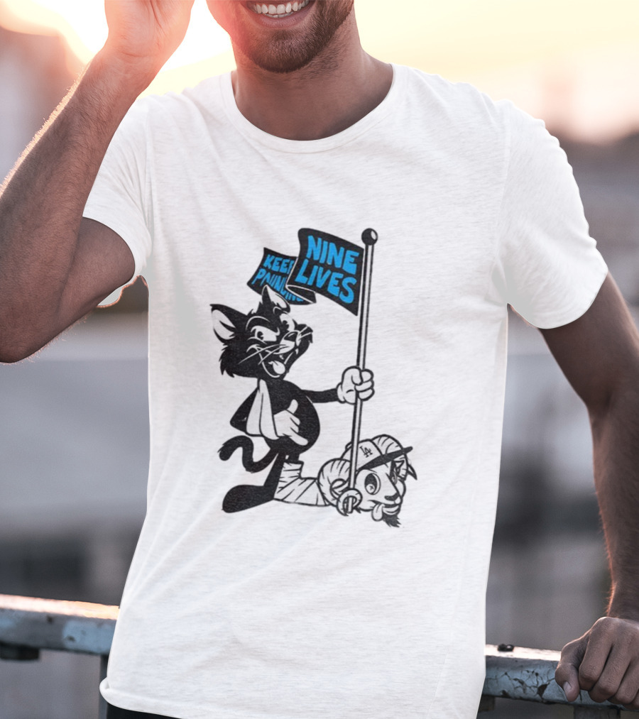 Roaring Riot Nine Lives Keep Pounding Carolina Panthers Beat LA Dodgers Goat T-Shirt