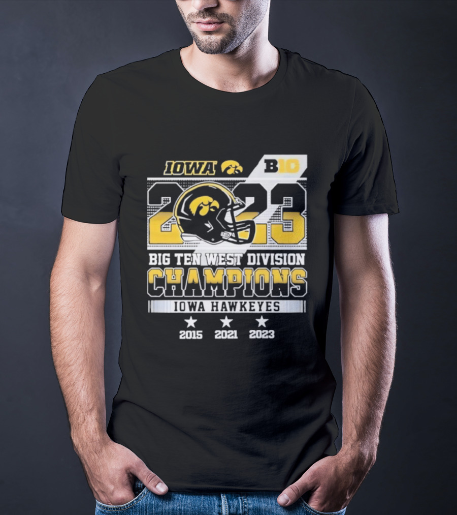 Iowa Hawkeyes Big Ten West Division Champions 2023 Helmet Logo With 2015 2021 Titles T-Shirt