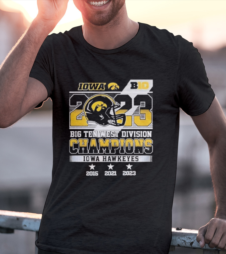 Iowa Hawkeyes Big Ten West Division Champions 2023 Helmet Logo With 2015 2021 Titles T-Shirt