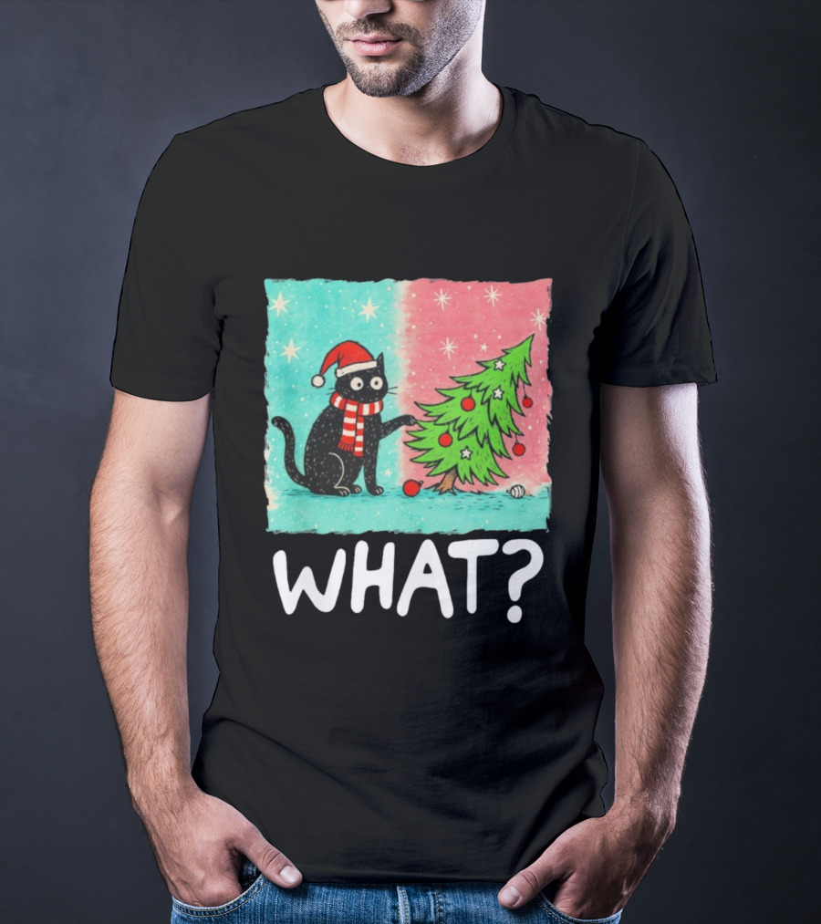 Black Cat Santa Hat Pushing Christmas Tree What T-Shirt