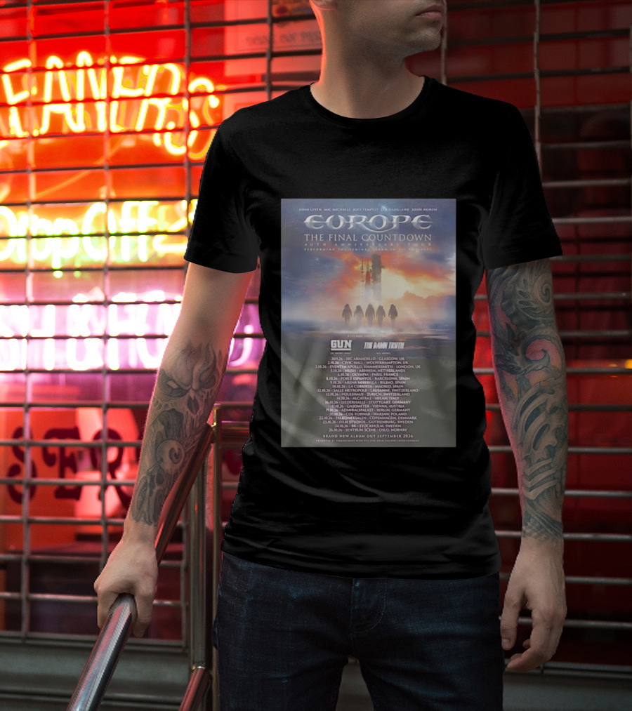 Europe The Final Countdown 40th Anniversary Tour 2026 Featuring Gun And The Damn Truth Live Performances And New Album Release Dates T-Shirt