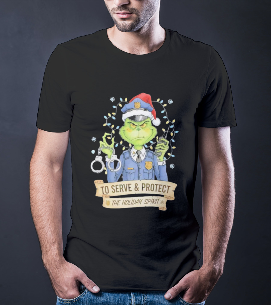 Grinch Police To Serve Protect Holiday Spirit Christmas Lights Handcuffs T-Shirt