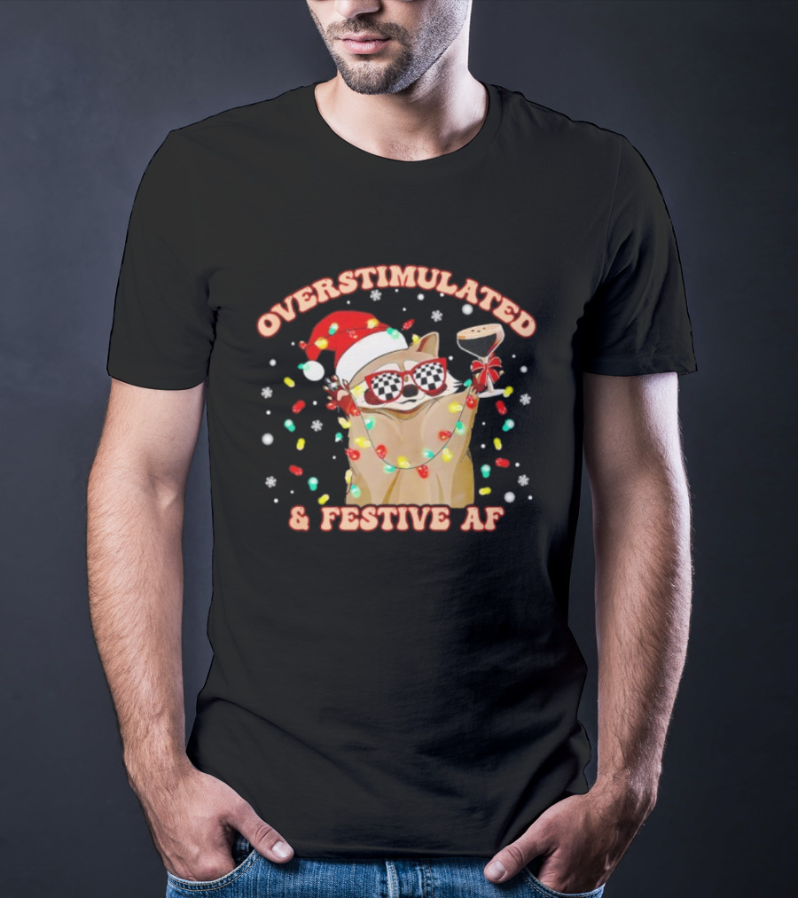 Overstimulated Raccoon Santa Hat And Festive Lights Holding Holiday Drink T-Shirt