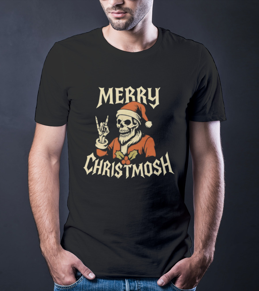 Santa Skeleton Rock And Roll Hand Merry Christmosh Christmas T-Shirt