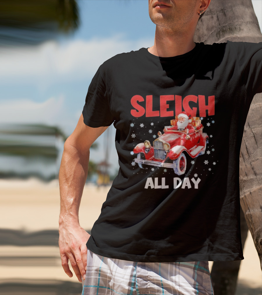 Sleigh Santa Claus Driving Vintage Car Merry Christmas T-Shirt