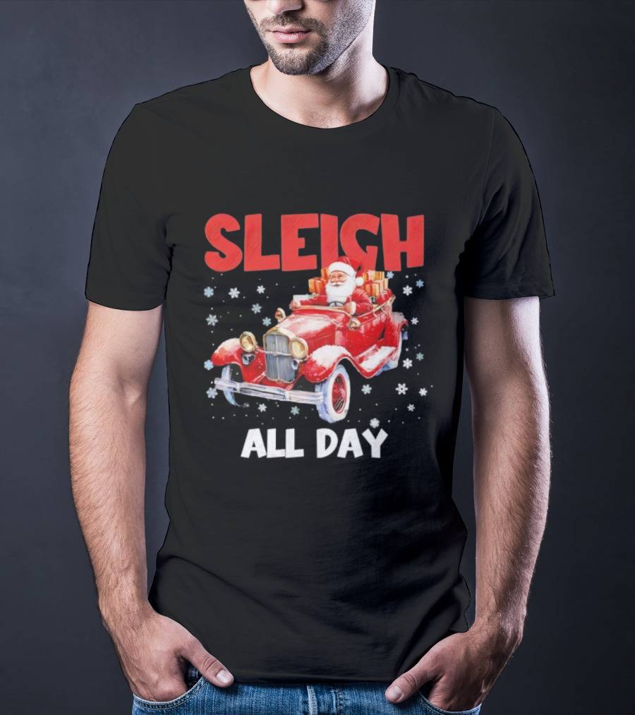 Sleigh Santa Claus Driving Vintage Car Merry Christmas T-Shirt