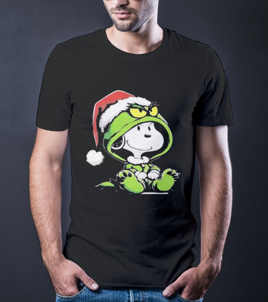 Snoopy Grinch Christmas Santa Hat Character Crossover T-Shirt