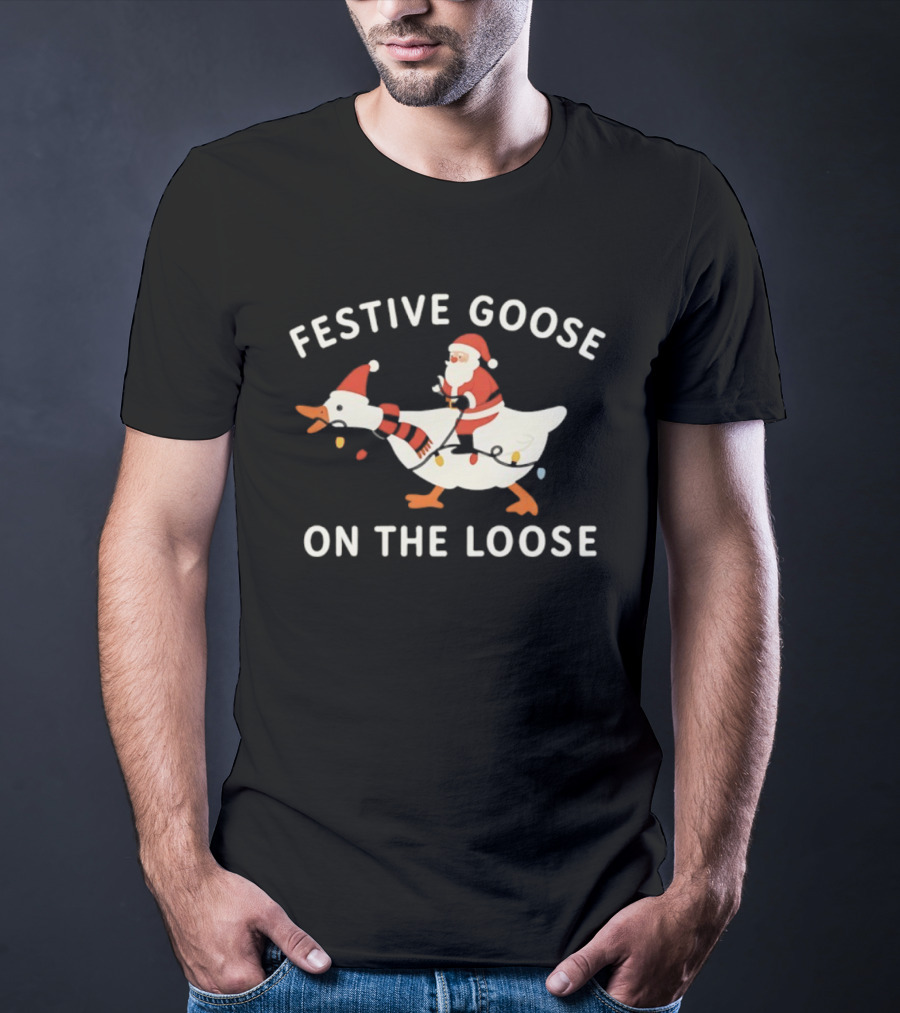 Festive Goose On The Loose Santa Claus Riding Merry Christmas T-Shirt