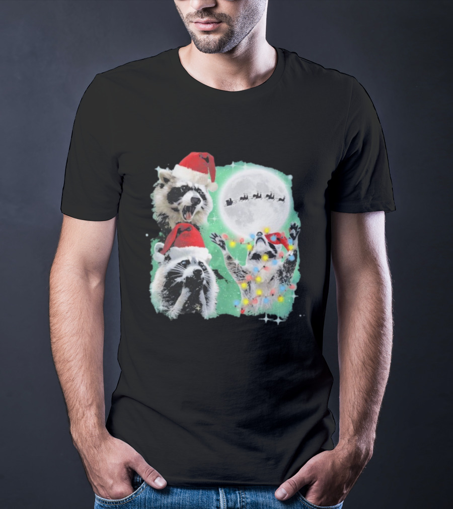 Three Raccoons Santa Hats Christmas Moon Lights Sleigh T-Shirt