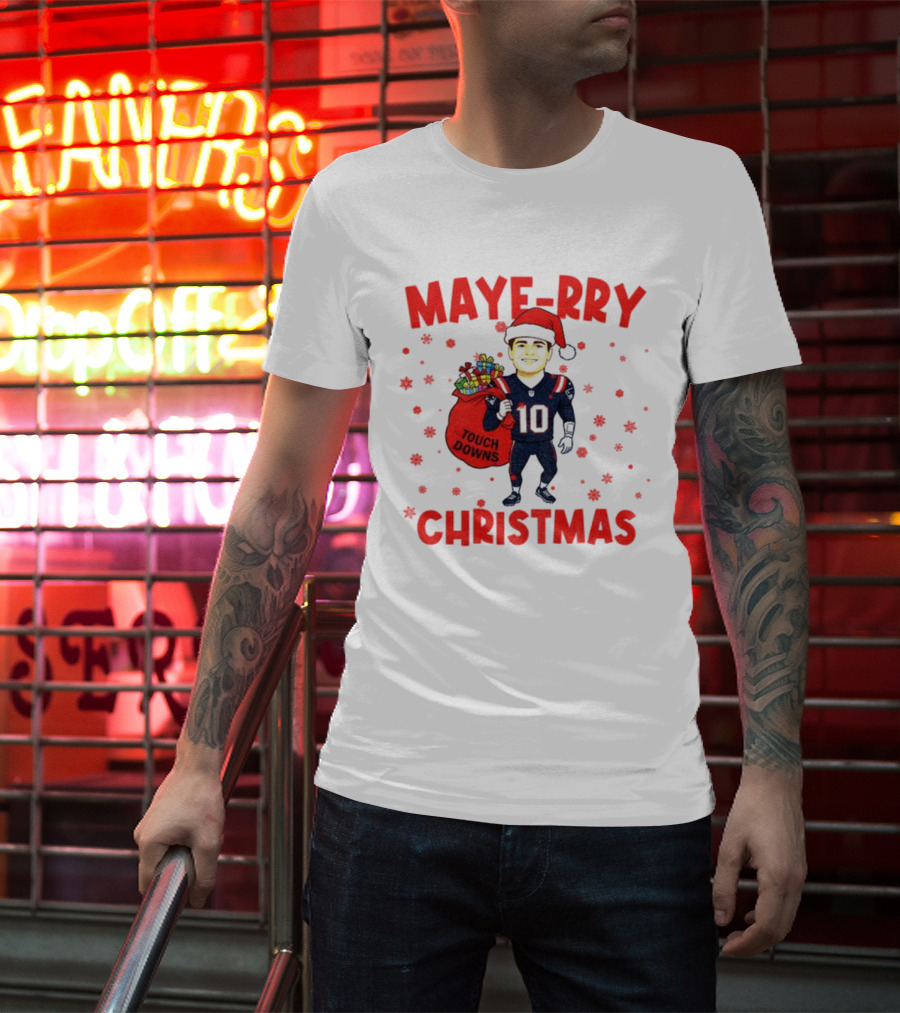 Maye-rry Christmas Drake Maye Santa Hat Touchdowns T-Shirt