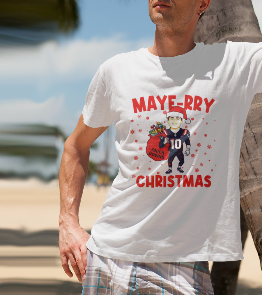 Maye-rry Christmas Drake Maye Santa Hat Touchdowns T-Shirt