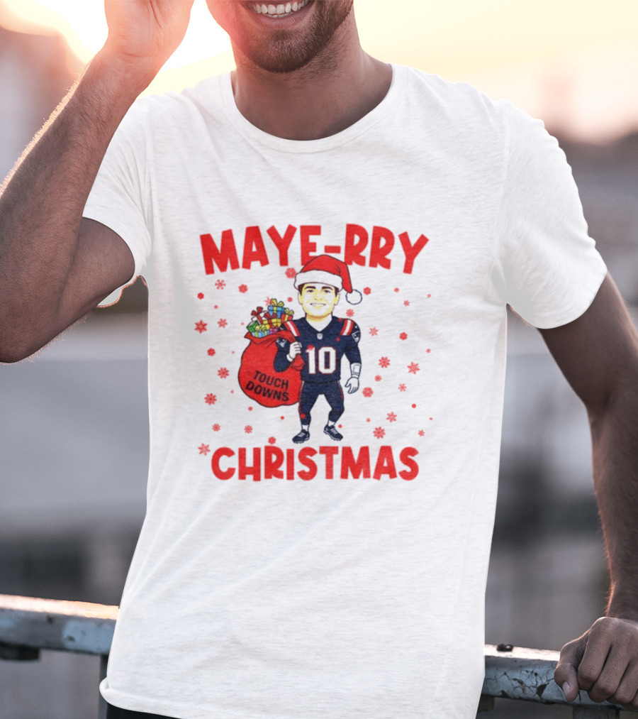 Maye-rry Christmas Drake Maye Santa Hat Touchdowns T-Shirt