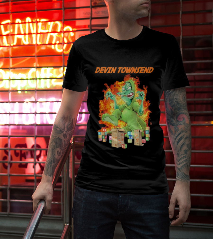 Devin Townsend Godziltoid Cartoon Dinosaur Blocks Fire Design T-Shirt