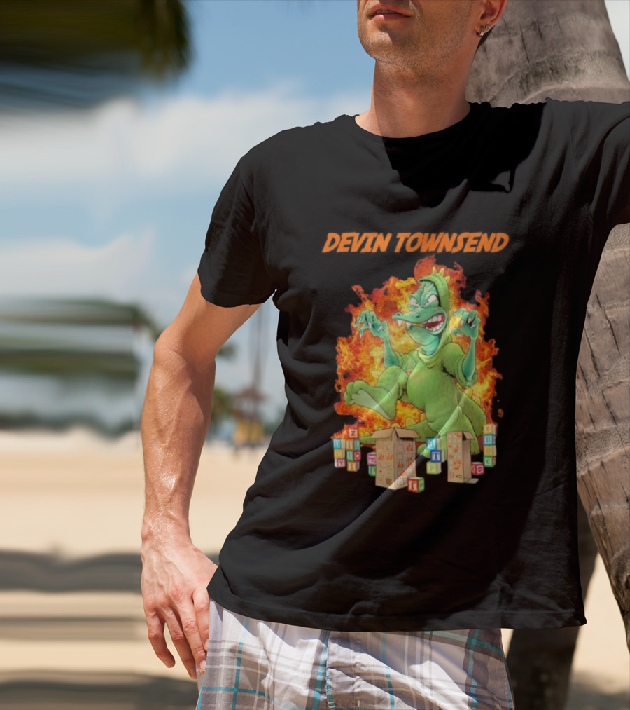 Devin Townsend Godziltoid Cartoon Dinosaur Blocks Fire Design T-Shirt