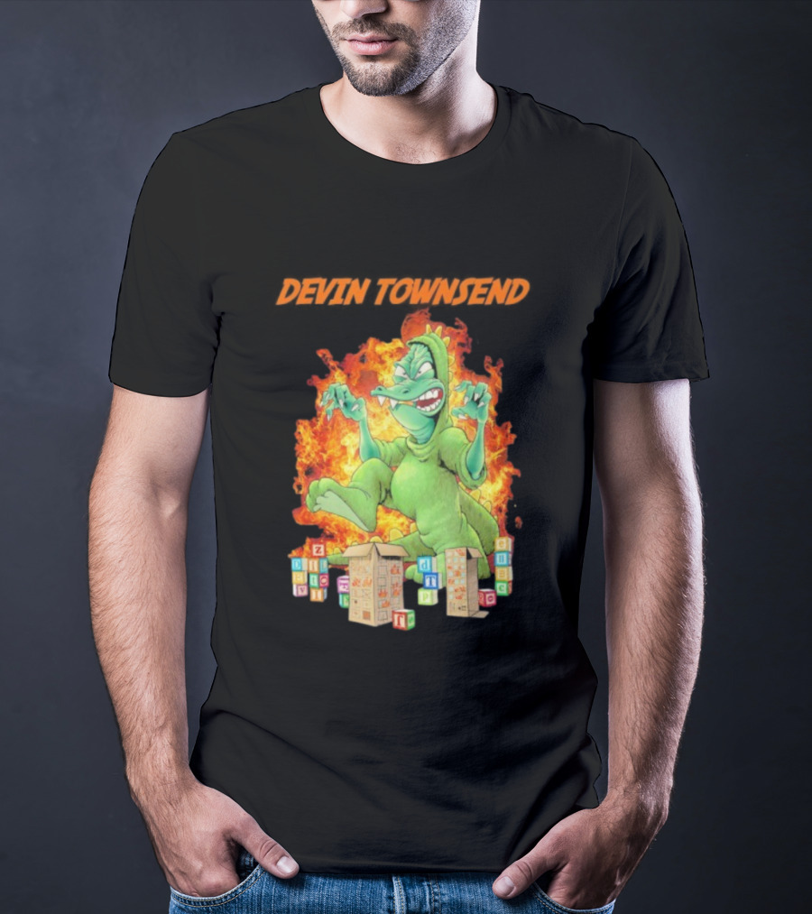 Devin Townsend Godziltoid Cartoon Dinosaur Blocks Fire Design T-Shirt