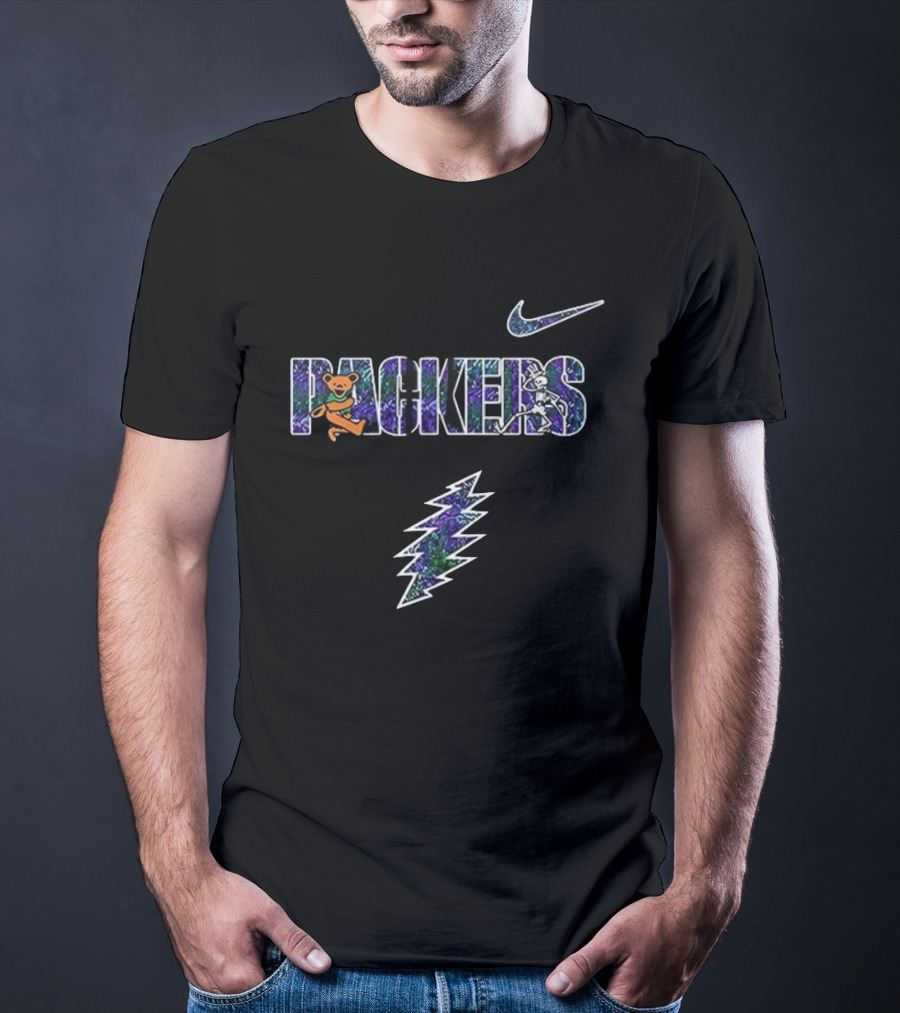 Packers Grateful Dead Bear Skeleton Nike Lightning Bolt T-Shirt