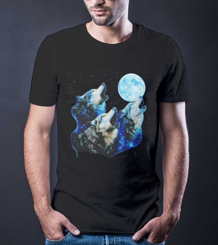 Three Wolves Howling At Cyan Moon Cosmic Night Glow T-Shirt