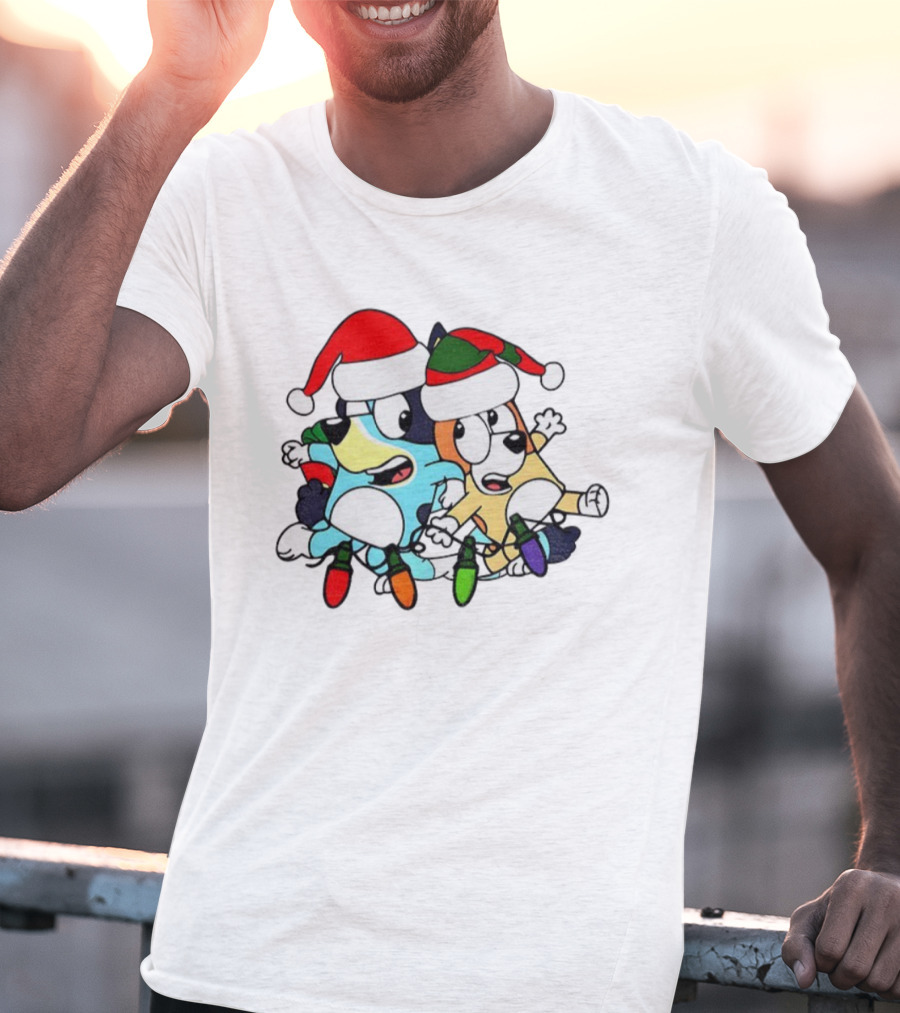 Bluey And Bingo Santa Hat Christmas Lights Merry Christmas 2025 Holiday Fun T-Shirt