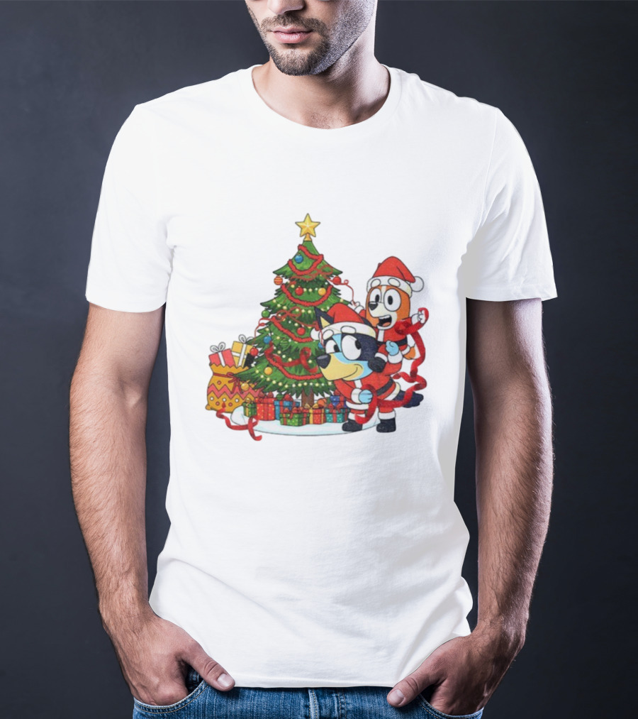 Bluey Bingo Christmas Tree Santa Hat Merry Christmas T-Shirt