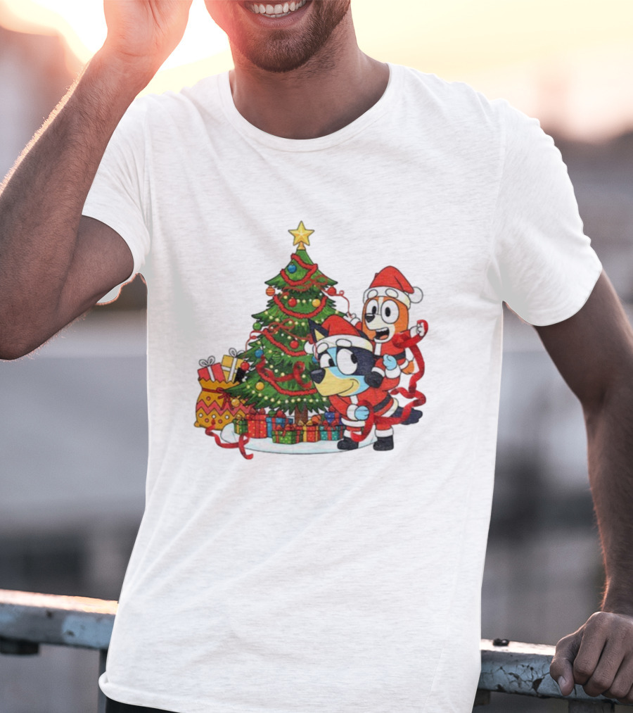 Bluey Bingo Christmas Tree Santa Hat Merry Christmas T-Shirt