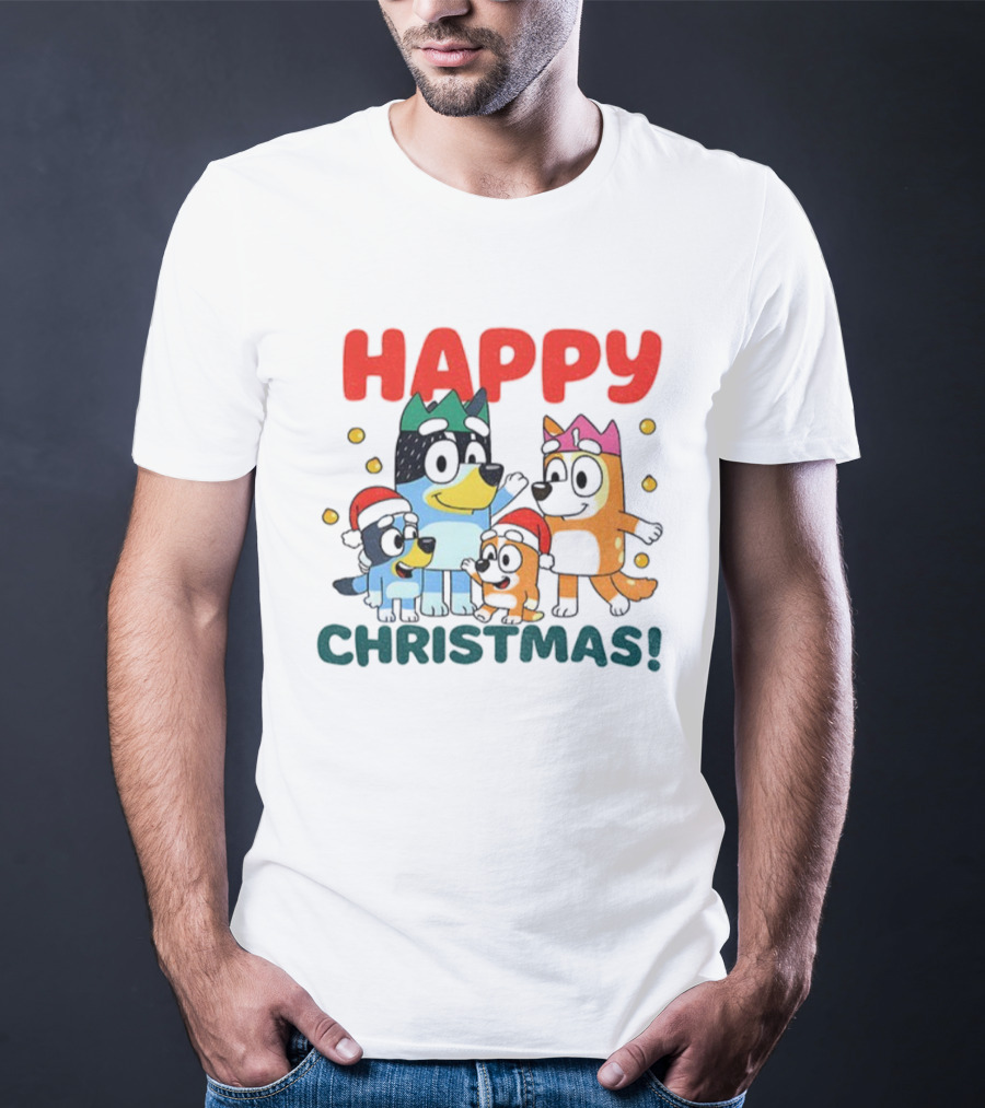 Bluey Family Happy Christmas Santa Hat Celebration T-Shirt
