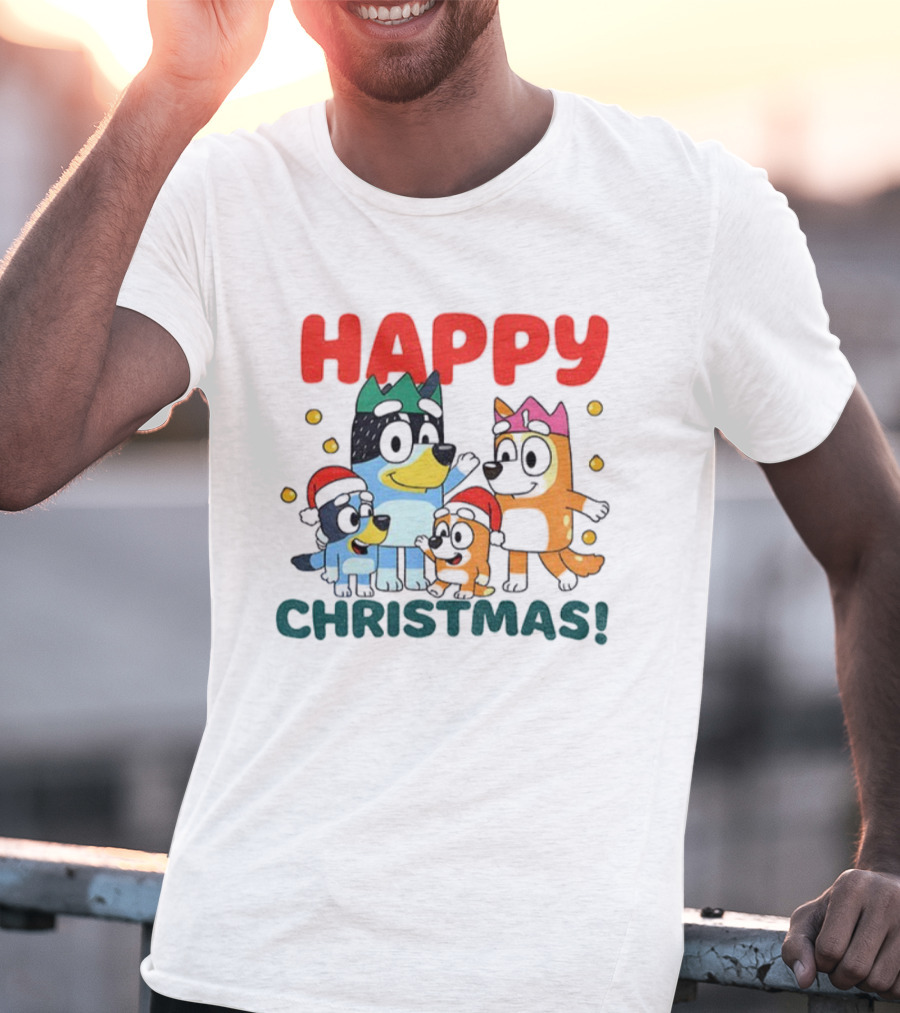 Bluey Family Happy Christmas Santa Hat Celebration T-Shirt