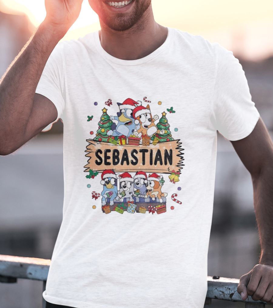 Sebastian Bluey Family Christmas Santa Hats Holiday Celebration T-Shirt
