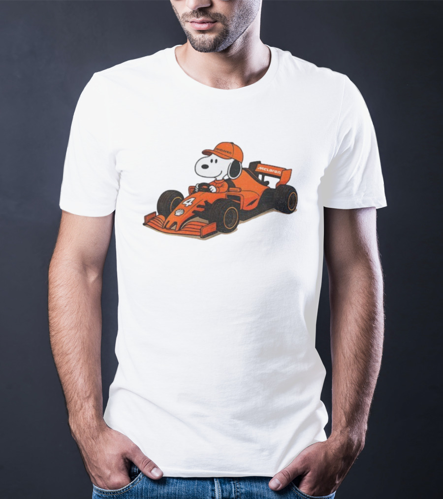 Snoopy Driving McLaren Formula One Car With Number 4 Racing Cap T-Shirt