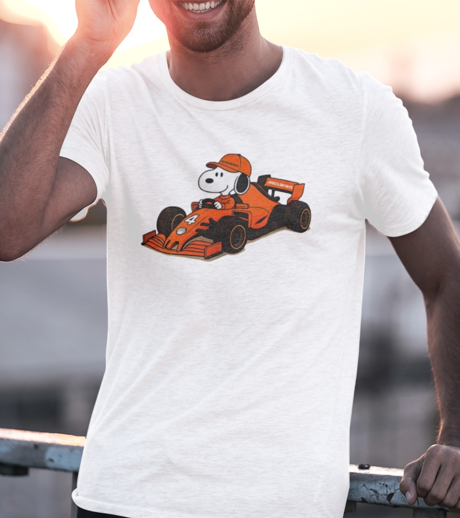 Snoopy Driving McLaren Formula One Car With Number 4 Racing Cap T-Shirt
