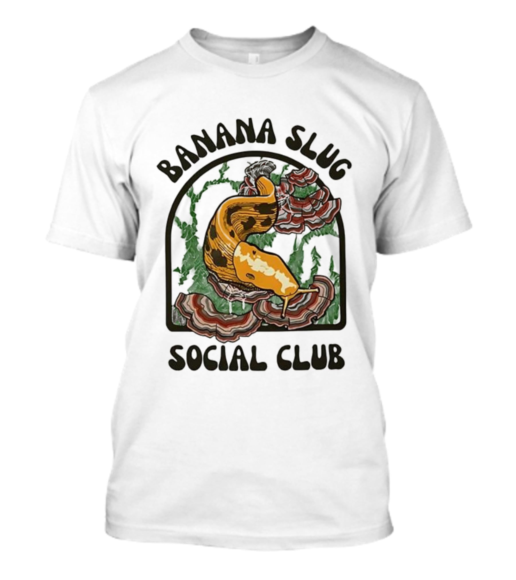 Banana Slug Social Club Nature-Inspired Design With Forest And Mushrooms T-Shirt