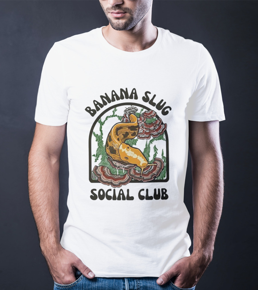 Banana Slug Social Club Nature-Inspired Design With Forest And Mushrooms T-Shirt