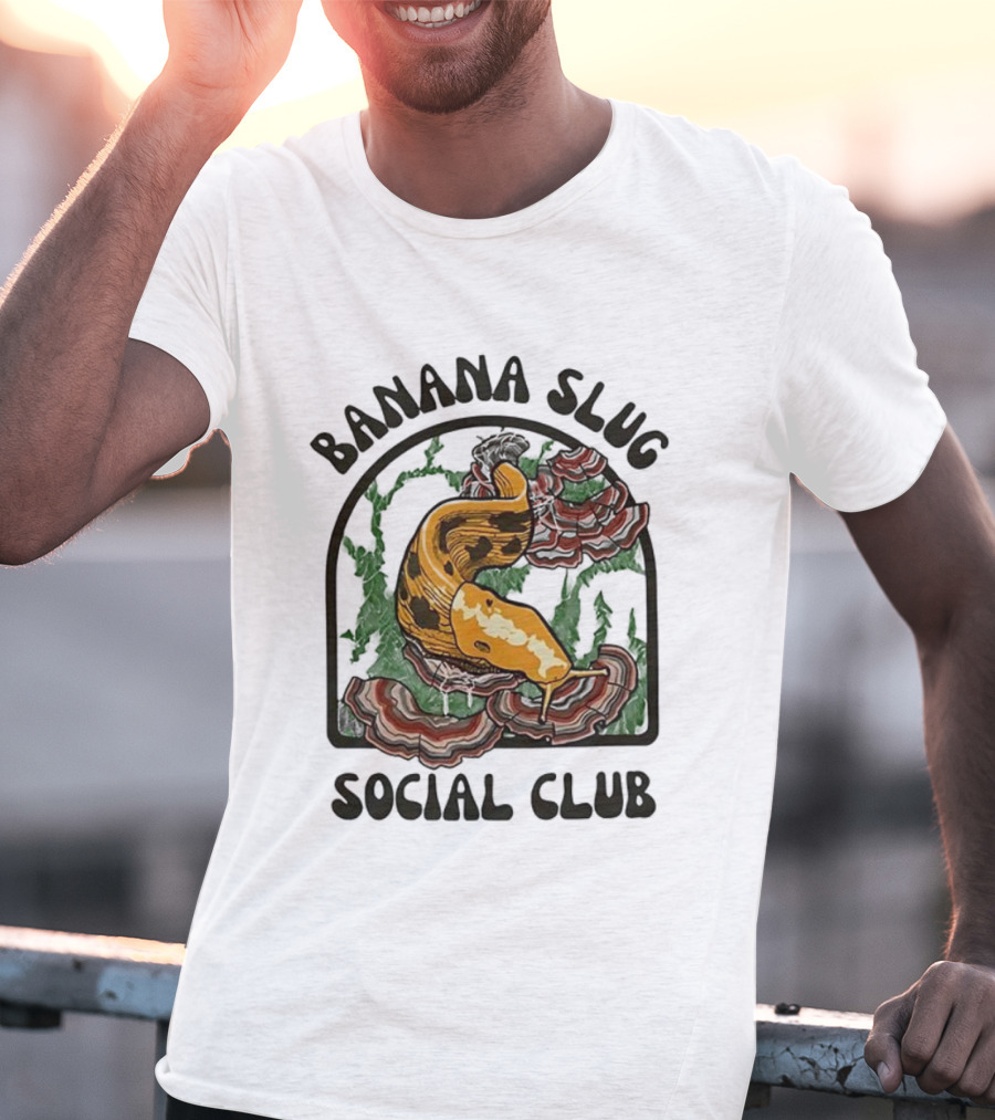Banana Slug Social Club Nature-Inspired Design With Forest And Mushrooms T-Shirt