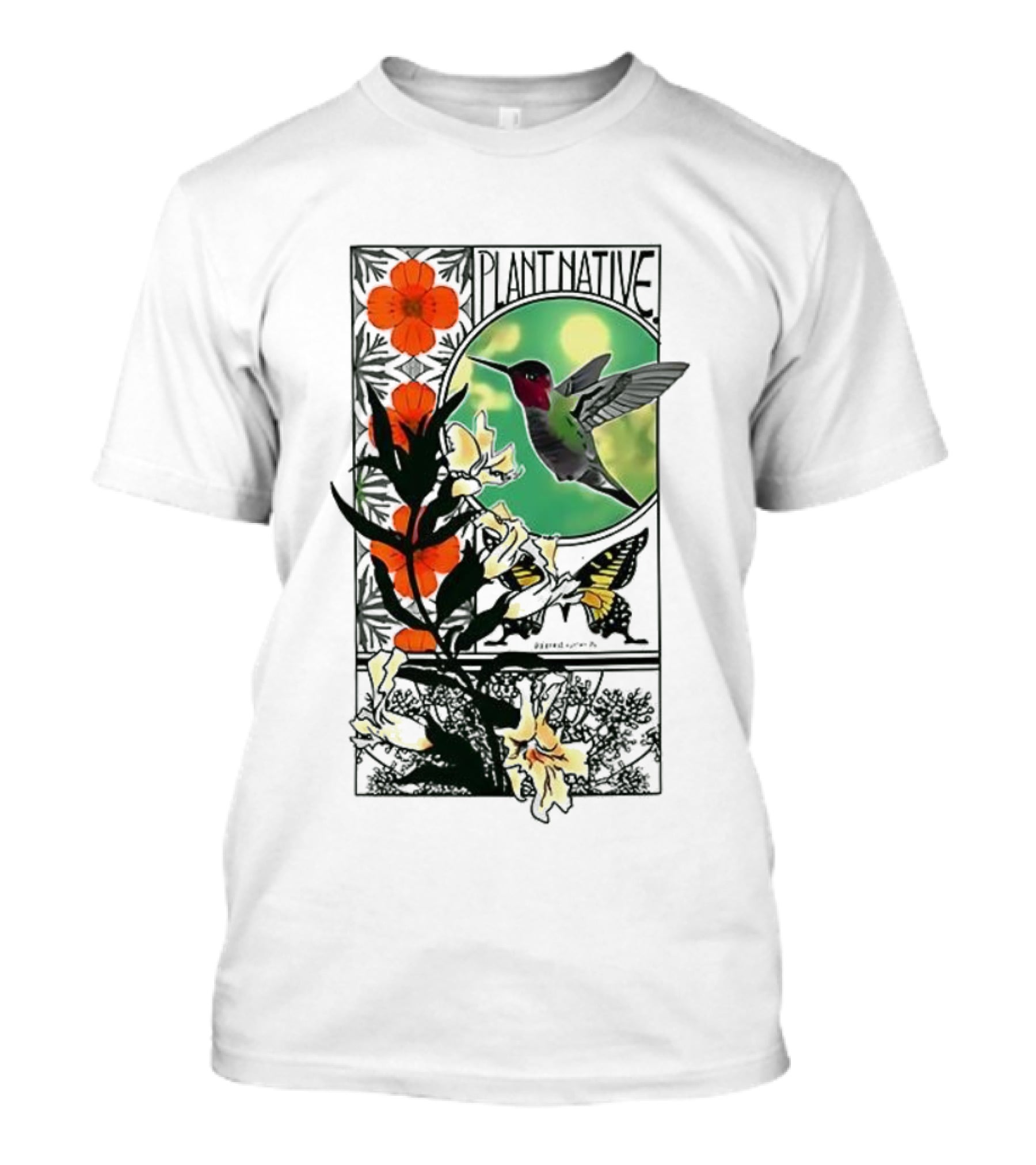 Plant Native Bird Hummingbird Floral Wildlife Scene T-Shirt