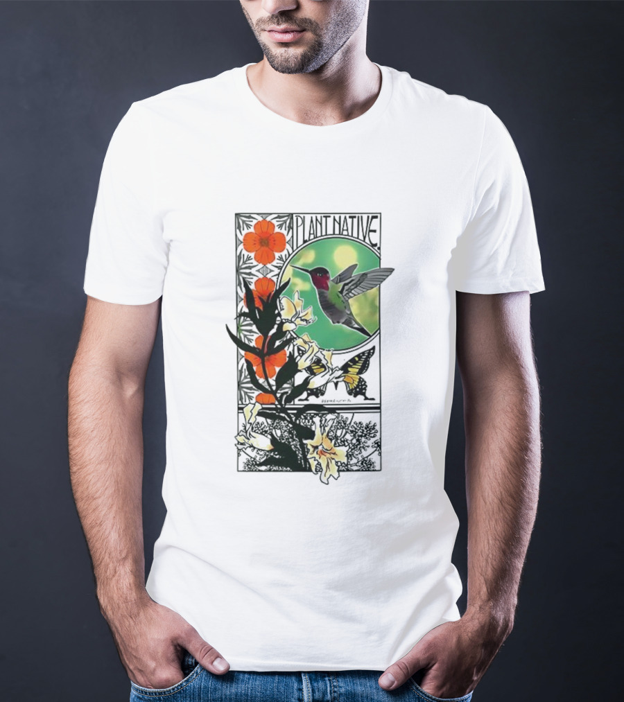 Plant Native Bird Hummingbird Floral Wildlife Scene T-Shirt
