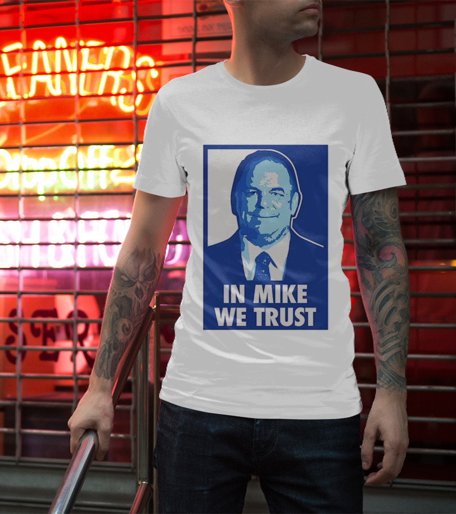 In Mike We Trust Mike Elko Blue Portrait T-Shirt