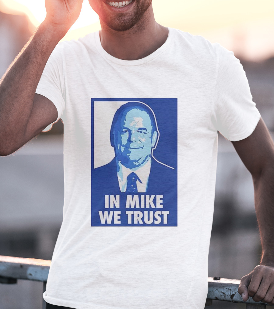 In Mike We Trust Mike Elko Blue Portrait T-Shirt