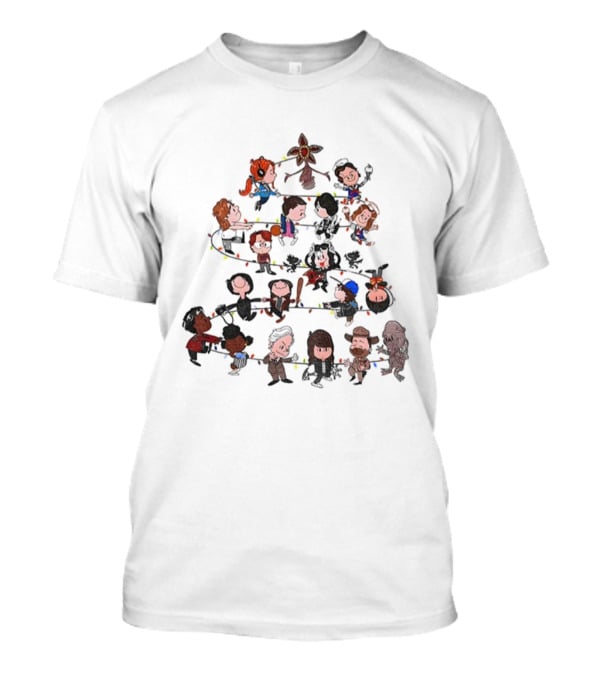 Stranger Things Characters Cartoon Style Christmas Tree With Demogorgon Topper And Holiday Lights T-Shirt