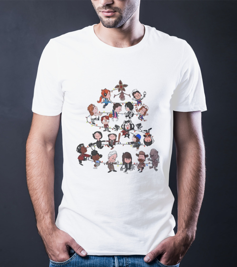 Stranger Things Characters Cartoon Style Christmas Tree With Demogorgon Topper And Holiday Lights T-Shirt