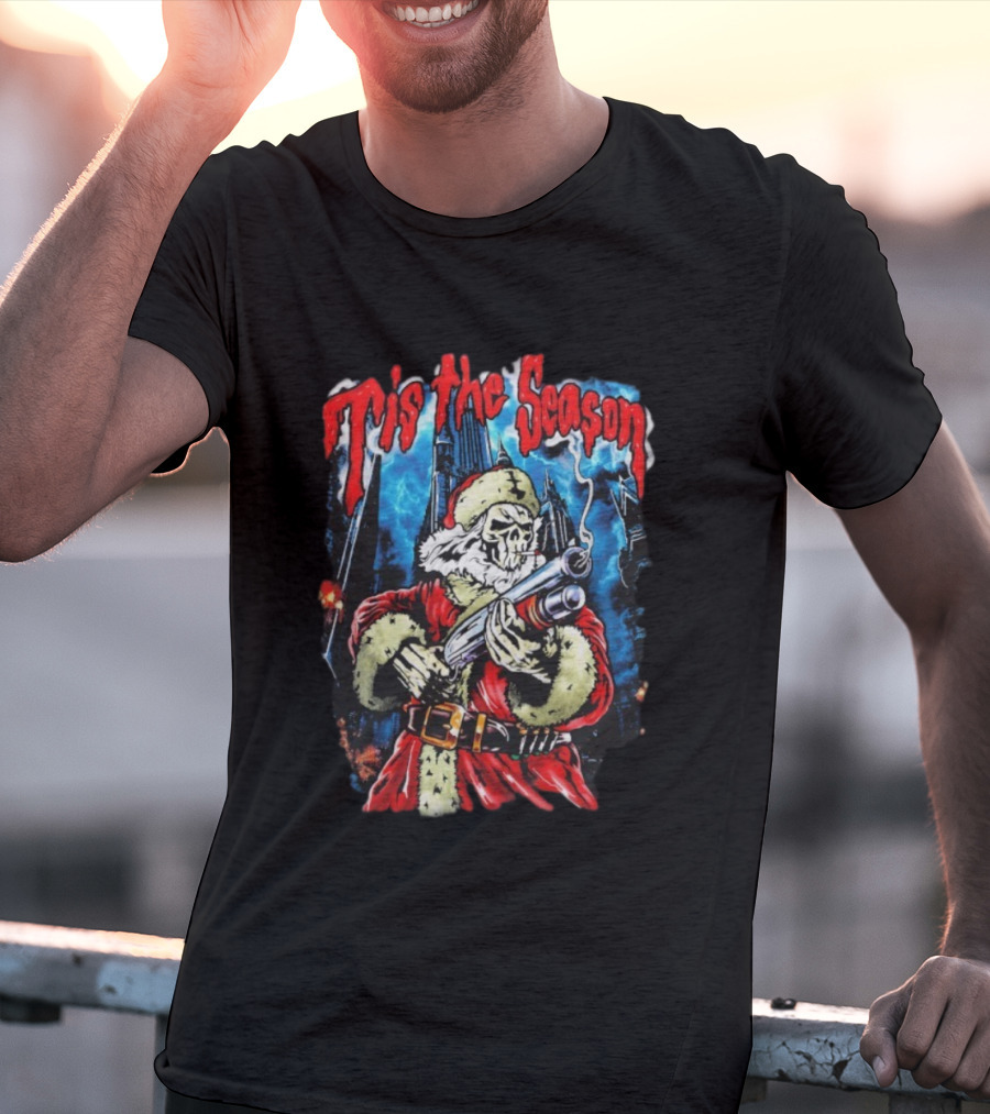 Warren Lotas Tis The Season Skull Santa Holding Shotgun T-Shirt