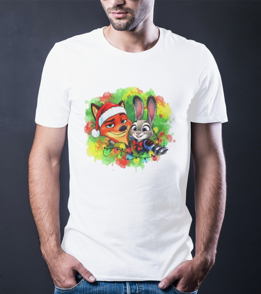 Couple Fox And Bunny Zootopia 2 Santa Hat Merry Christmas Holiday Lights T-Shirt